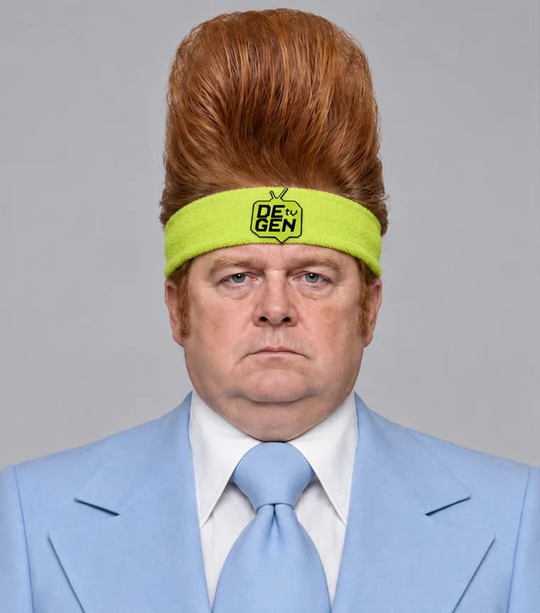 DEGEN TV's anchor in a sky-blue suit and a DEGEN TV headband